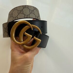 Gucci Black and Tan Belt with Gold GG Buckle